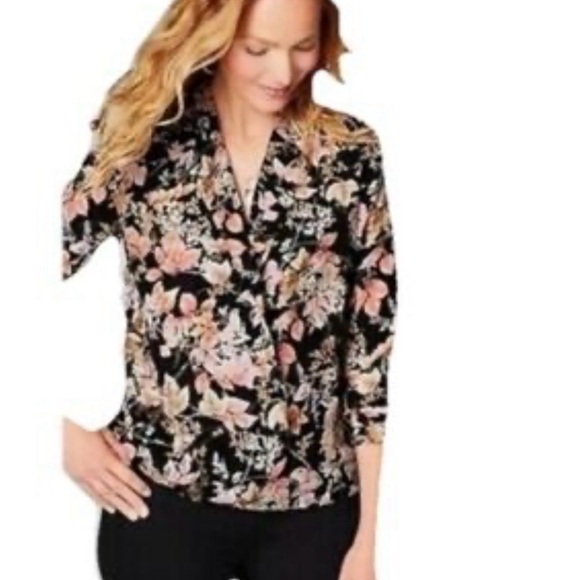 J Jill Size XL Black Pink Floral Long Sleeve Faux Wrap V-neck Blouse Top Blouse - Picture 1 of 8